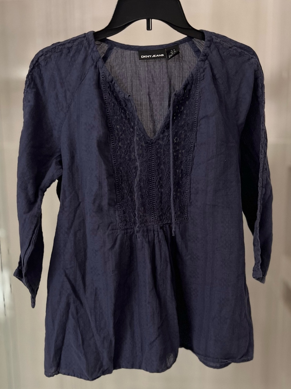 DKNY Jeans Navy Blue Lace Inset V-Neck Peasant Top Blouse